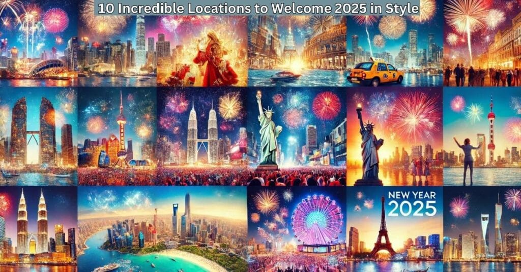 A vibrant montage of iconic cityscapes illuminated with dazzling fireworks displays, celebrating the arrival of the new year."