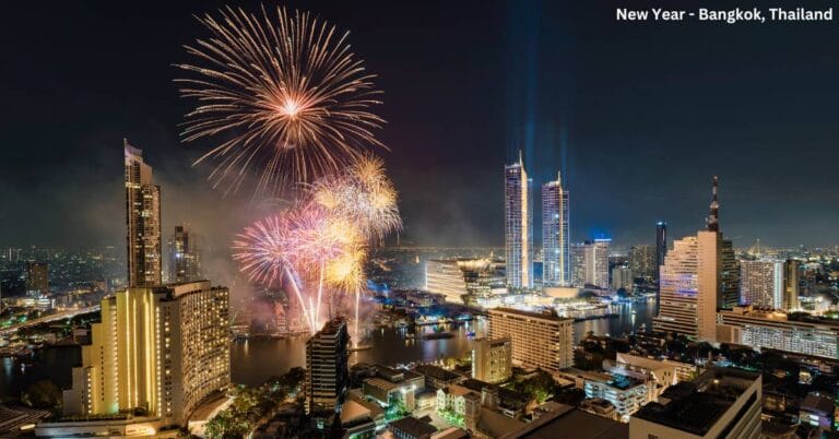 "A lively New Year’s Eve celebration in Bangkok, featuring fireworks over the city skyline, crowds gathered in festive attire, and vibrant street parties along the Chao Phraya River, with illuminated buildings and lively atmosphere."