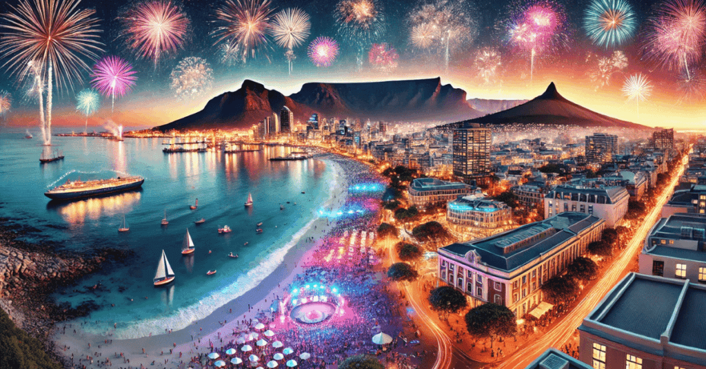 Fireworks over the ocean and Table Mountain during New Year’s Eve in Cape Town, with festive lights and lively crowds.