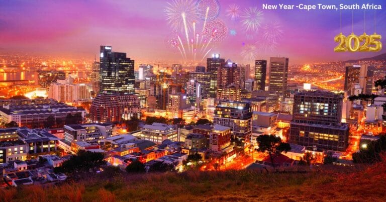 "A vibrant New Year’s Eve celebration in Cape Town, with fireworks illuminating the sky above the V&A Waterfront, crowds of people enjoying the festivities, and beautiful views of Table Mountain and the ocean."