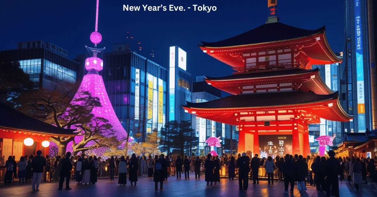 Tokyo’s New Year scene featuring a lit shrine with Hatsumode visitors, colorful city lights, and a lively countdown party in the distance.