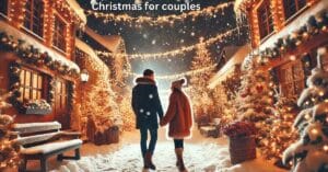 A couple dressed in festive clothing holding hands in front of a decorated Christmas tree, with snow falling around them in a cozy outdoor setting, capturing the warmth and joy of the