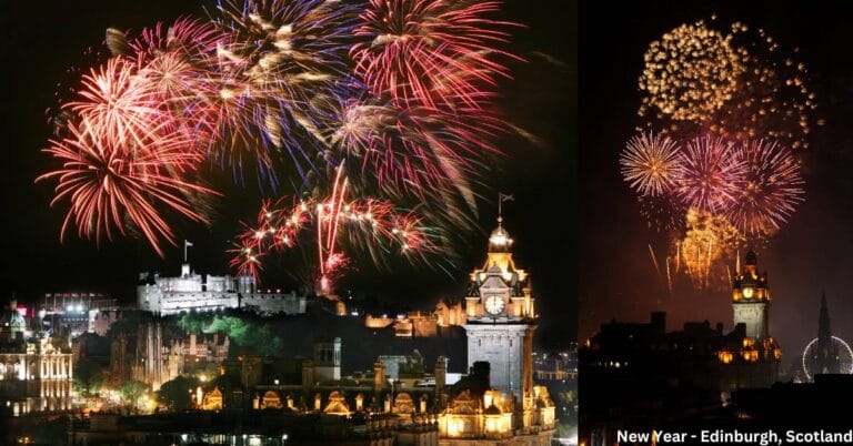 "New Year’s Eve in Edinburgh featuring spectacular fireworks above Edinburgh Castle and festive Hogmanay celebrations."