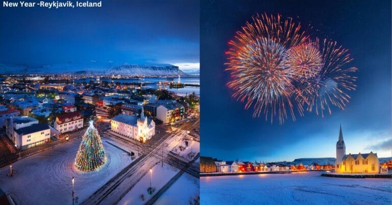 "A magical New Year’s Eve celebration in Reykjavik, with fireworks illuminating the night sky, crowds gathered around bonfires, and the Hallgrímskirkja Church in the background."