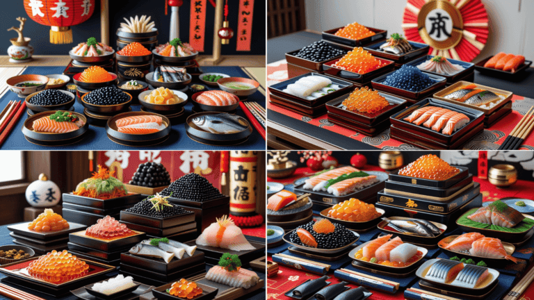 Traditional Japanese Osechi Ryori meal served in jubako boxes with symbolic dishes for New Year celebrations in Japan.
