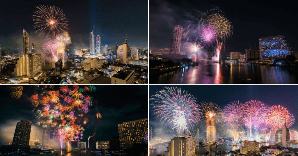 ''Collage of Bangkok New Year fireworks with four vibrant frames showcasing colorful explosions lighting up the night sky over the cityscape''