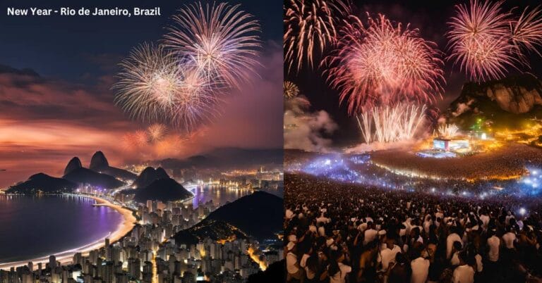 "New Year’s Eve in Rio de Janeiro featuring stunning fireworks over Copacabana Beach with a lively crowd celebrating."