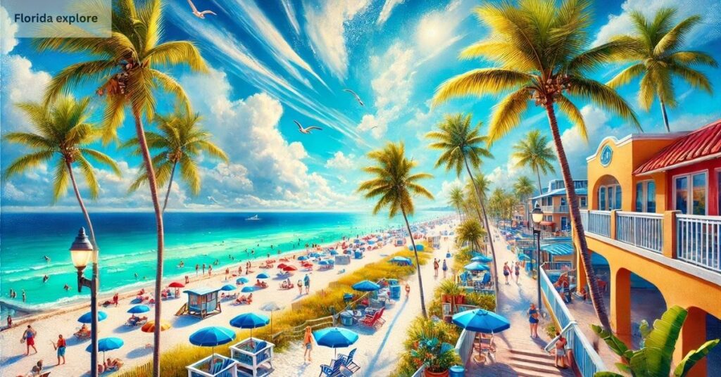 A scenic Florida beach with white sand, turquoise waters, palm trees, and a bright blue sky, showcasing a vibrant and tropical atmosphere.