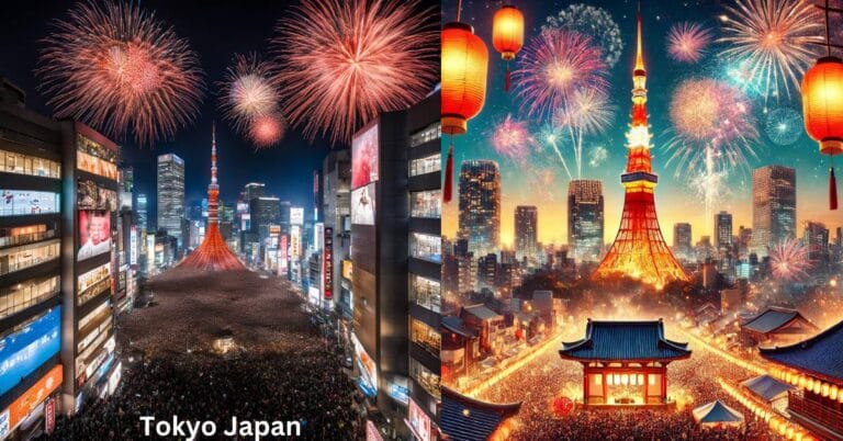 "Tokyo New Year’s Eve celebrations featuring Tokyo Tower glowing with festive lights, fireworks, and a lively cityscape."