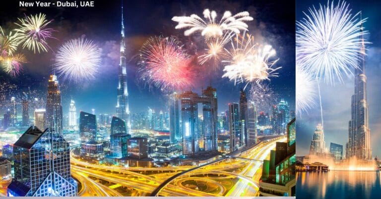 "New Year’s Eve in Dubai featuring dazzling fireworks around Burj Khalifa with the city’s skyline illuminated in celebration."