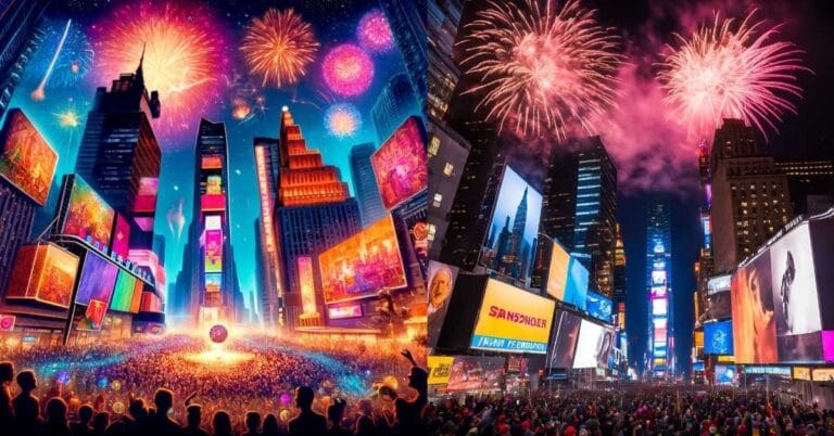 "New Year’s Eve at Times Square, New York City, featuring fireworks, the iconic ball drop, and a lively crowd celebrating."