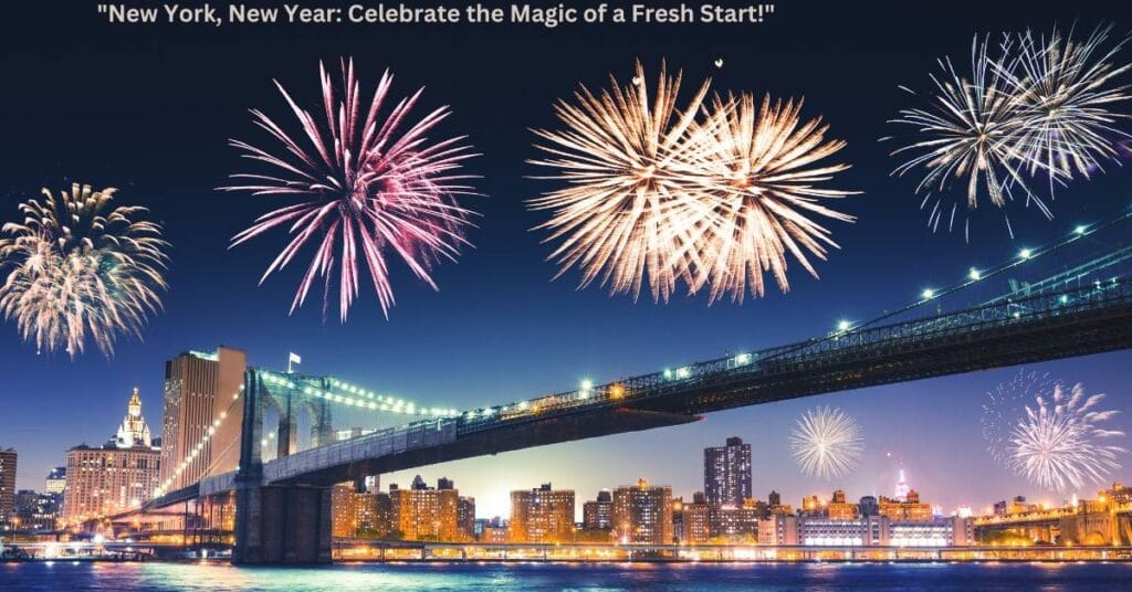 "Fireworks over a New York City bridge celebrating the New Year."
