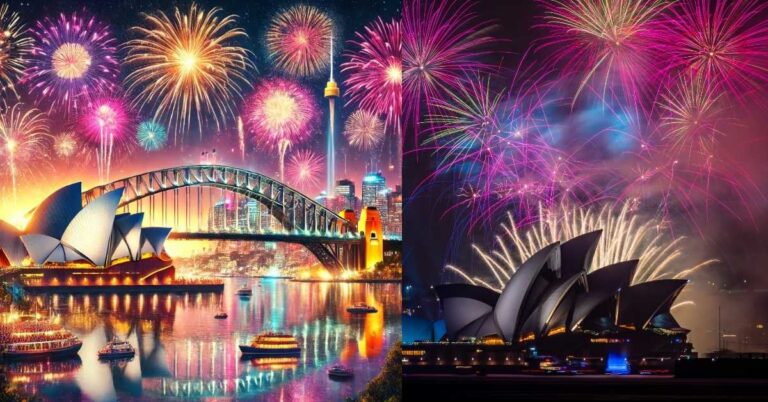 "New Year’s Eve in Sydney, Australia, featuring vibrant fireworks over the Sydney Opera House and Harbour Bridge with reflections on the water."