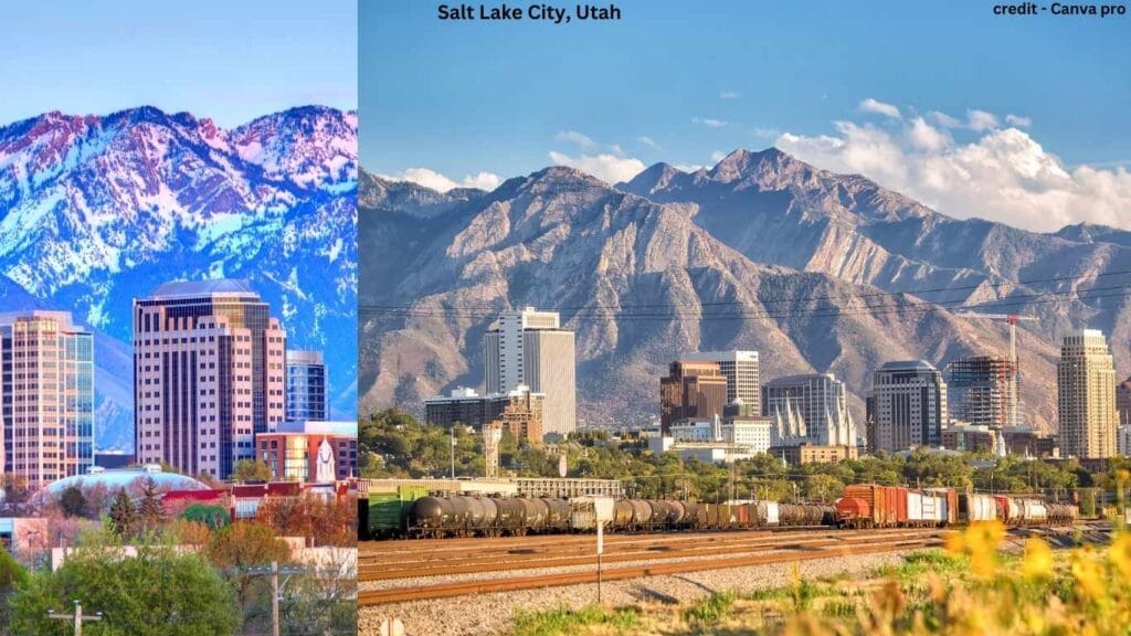 Salt Lake City skyline with the Wasatch Mountains, Great Salt Lake, and tree-lined streets.