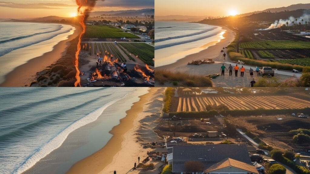 Sunset over Ventura Beach alongside the aftermath of wildfires, with local residents working together to rebuild and restore their community.