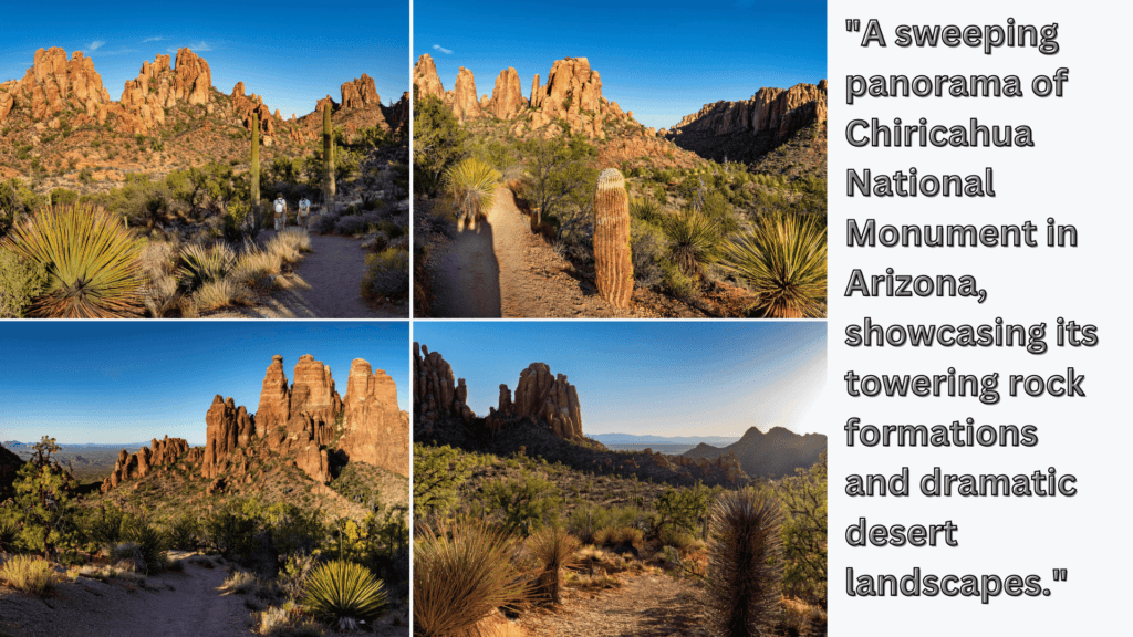 Towering rock spires and balanced rocks at Chiricahua National Monument in Arizona, one of the hidden travel spots, with a hiking trail winding through the desert landscape under a golden sunset.
