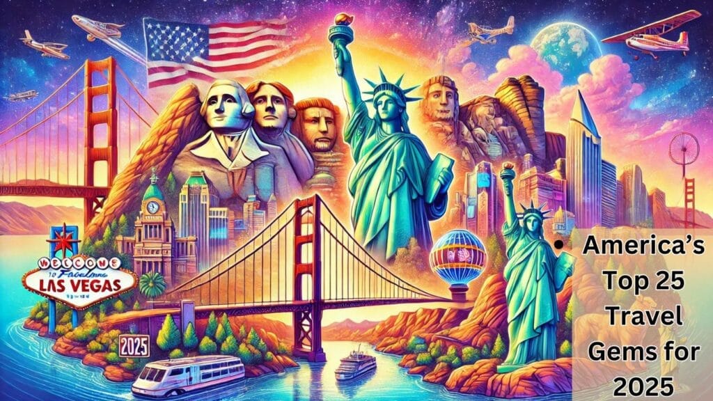 An illustration featuring iconic USA landmarks, including the Statue of Liberty, Grand Canyon, Golden Gate Bridge, Mount Rushmore, and Las Vegas Strip, symbolizing travel and exploration in 2025.