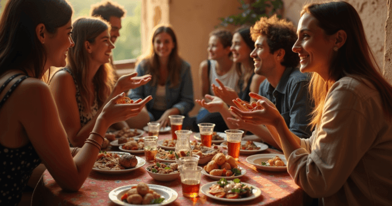"Two travelers sharing a meal with a Moroccan family, surrounded by traditional food and mint tea. A local artist in Thailand shows handmade jewelry to the travelers in the background."