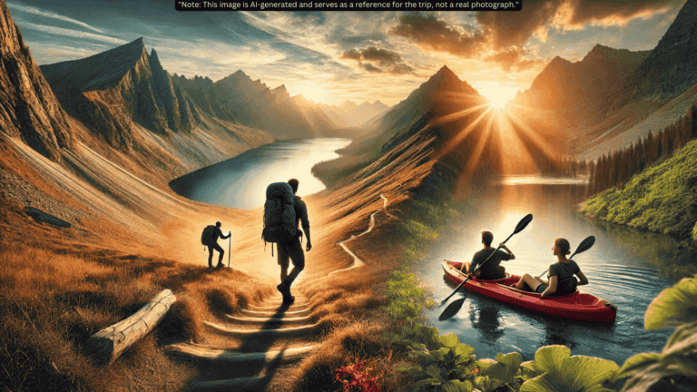 "A lone hiker traverses a mountain trail with sweeping views, transitioning into two friends kayaking on a calm, picturesque lake at sunset."