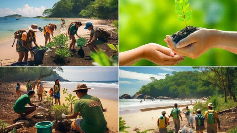 A traveler participating in a beach cleanup, planting trees, and walking on a rainforest conservation trail. The scene includes a group of people, local guides, and eco-friendly activities supporting nature and wildlife conservation.