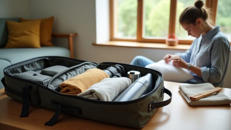 A compact open backpack on a wooden table with eco-friendly packing essentials like versatile clothing, a stainless steel water bottle, reusable bags, and bamboo utensils. A traveler prepares for their journey, rolling clothes, with a serene natural landscape in the background.