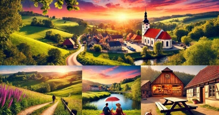 "Sweeping rolling hills under a golden sunset, a quaint historic town with cobblestone streets, and a cozy rustic bakery with fresh pastries displayed in the window."