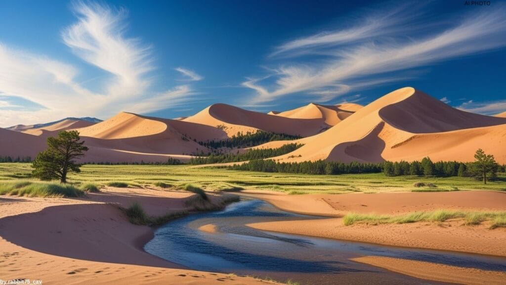 Vast sand dunes at Great Sand Dunes National Park with the Sangre de Cristo Mountains in the background.