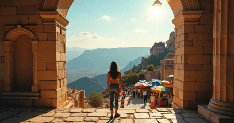 "A historic cobblestone street leading to an ancient monument, a lush forest path, and a bustling market filled with colorful stalls."
