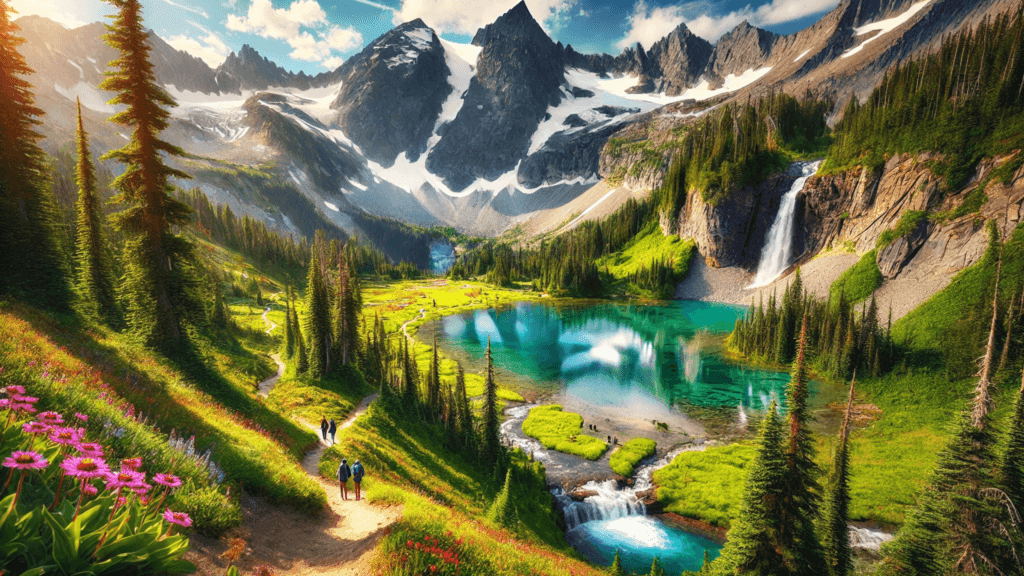 "Jagged, snow-capped peaks of North Cascades National Park, one of the hidden travel spots, reflected in a turquoise alpine lake surrounded by lush forests and vibrant wildflower meadows under a bright blue sky."