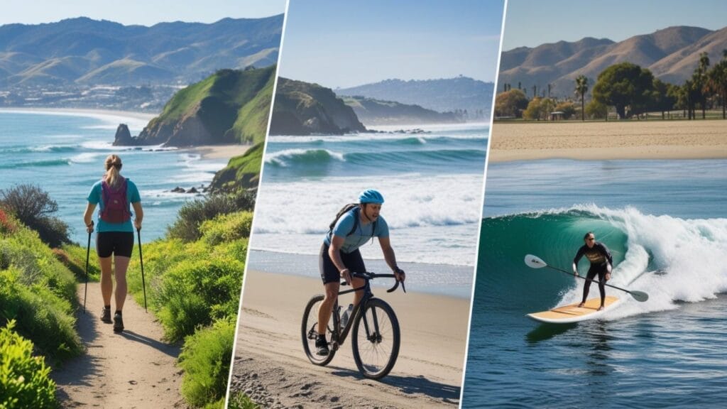 A hiker on a coastal trail, a cyclist enjoying the Ventura-to-Ojai bike path, and a surfer riding the waves, with a paddleboarder gliding across calm waters.