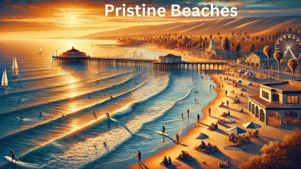 A panoramic landscape of Ventura County’s beaches: Ventura Beach with a pier and surfers under a sunset, Zuma Beach with golden sands and sparkling waters, and Silver Strand Beach with peaceful shores and a lone figure walking.
