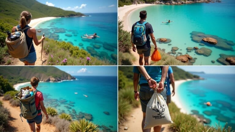 A hiker on a mountain trail carrying a reusable bag for trash, a traveler snorkeling in clear water, and a beach scene with no visible waste, promoting eco-friendly travel habits.
