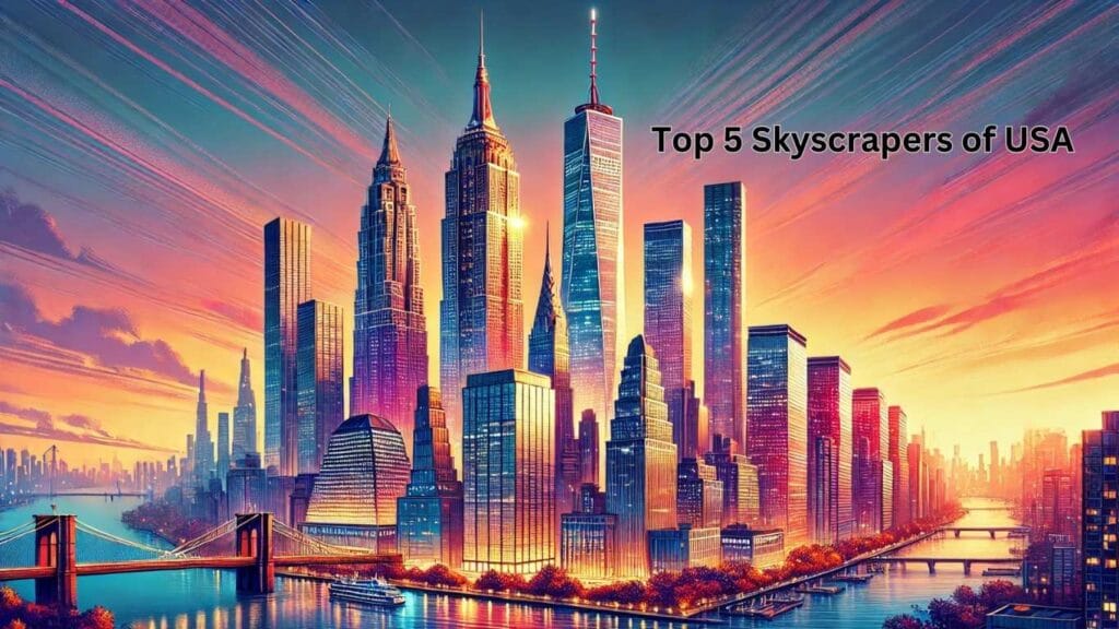 The top 5 tallest skyscrapers in the United States during sunset.