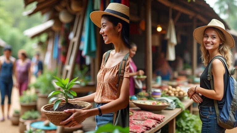 A traveler shopping at a local market, eating at a family-run restaurant, and participating in community activities. Items include handmade crafts, organic produce, and eco-friendly products.