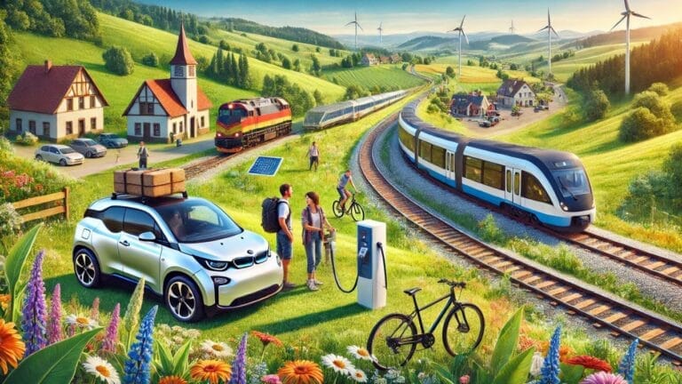A scenic landscape showing an electric vehicle parked on a hilltop with a charging station, a sleek train moving through green meadows, and cyclists on bike paths near a quaint village under a clear blue sky.