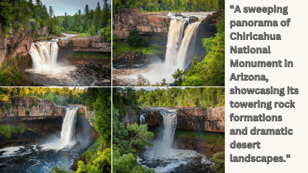 "Devils Kettle waterfall in Judge C.R. Magney State Park, Minnesota, is one of the hidden travel spots where the Brule River splits—one stream flows into a visible waterfall, and the other vanishes into a mysterious hole surrounded by lush green forest."