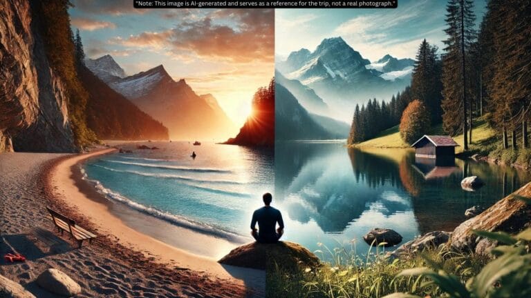 "An image showing a tranquil beach with a vibrant sunset transitioning to a quiet mountain lake in the Swiss Alps, where a person sits peacefully, illustrating relaxation and mindfulness through travel."