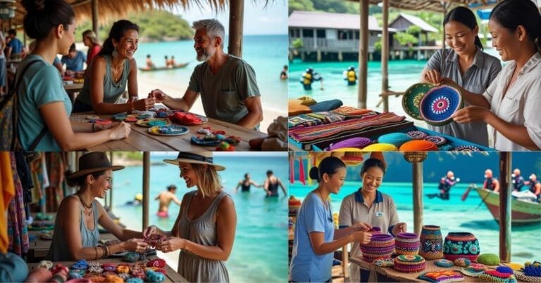 "A traveler purchasing handmade crafts from a local artisan at a vibrant outdoor market."