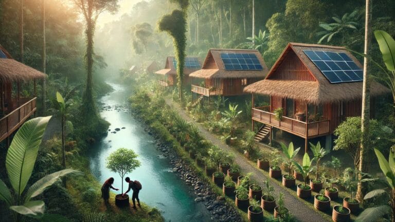 A tranquil eco-resort in a tropical jungle with wooden cabins, solar panels, and a rainwater collection system. A traveler and a friend plant a tree by a serene river under soft sunlight filtering through lush greenery.