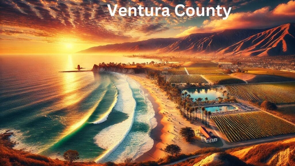 A scenic landscape of Ventura County, California, featuring rolling hills, a clear blue sky transitioning to warm sunset hues, and lush greenery.