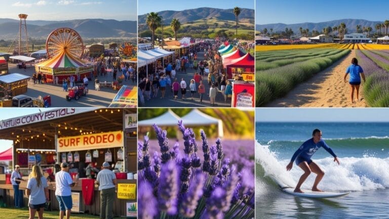 A collage of Ventura County’s festivals: the Ventura County Fair with rides and exhibits, the Ojai Lavender Festival with colorful booths and lavender fields, and the Surf Rodeo with surfers and live music on the beach.