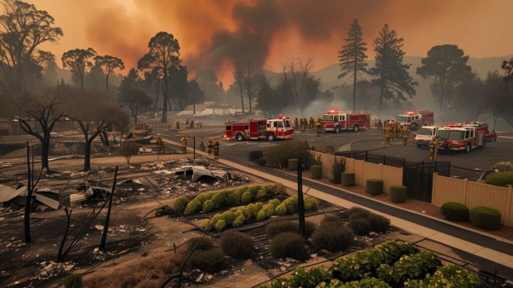 Scorched land and damaged structures in Ventura County after the Mountain Fire, with firefighters battling the blaze and smoke filling the sky.