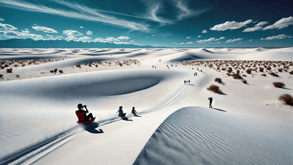 Endless white gypsum dunes at White Sands National Park with a family sledding, hikers in the distance, and a bright blue sky overhead.