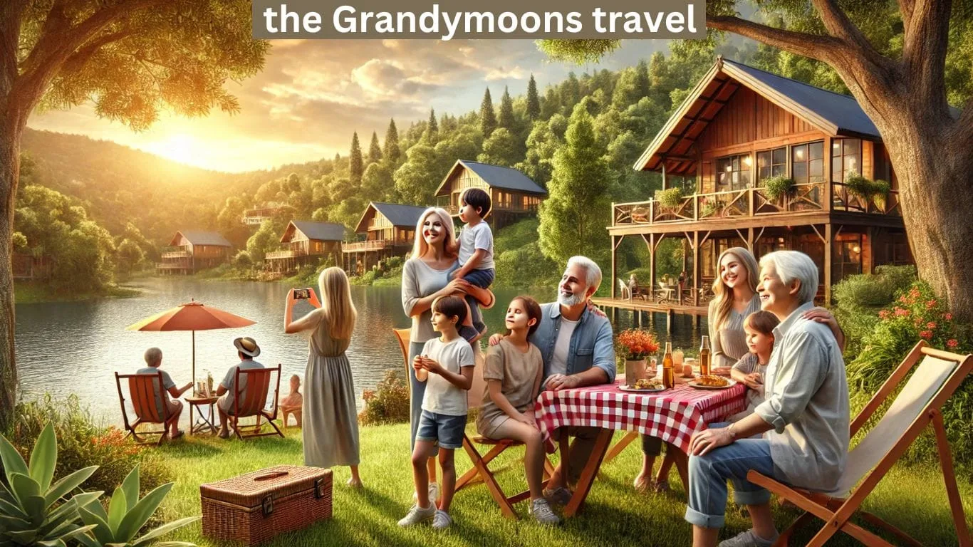 A multigenerational family enjoying a Grandymoons trip at a lakeside destination with lush greenery and a cozy wooden lodge in the background, bonding through activities like sitting on picnic chairs and taking photos.