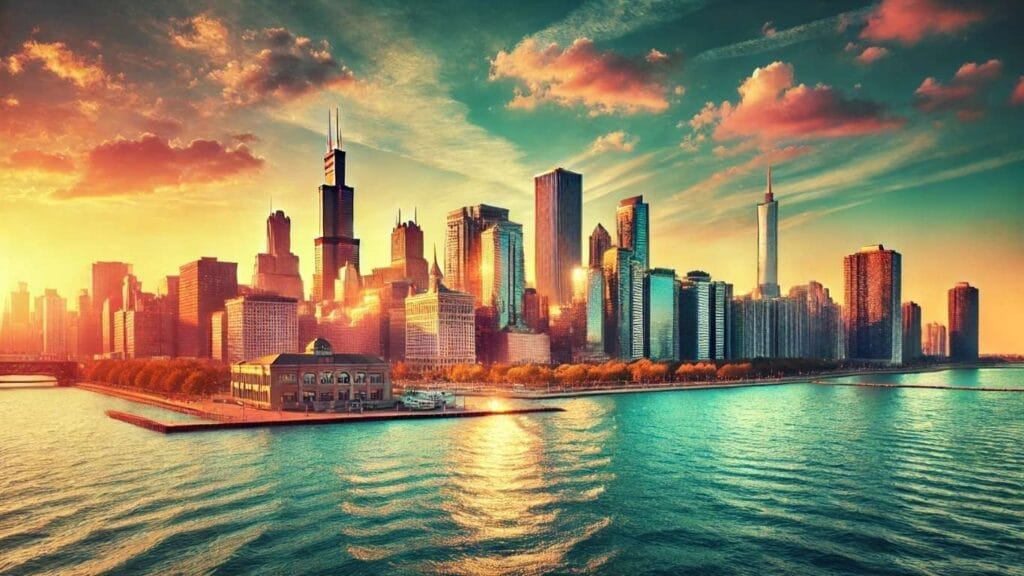 "Chicago skyline featuring iconic buildings like the Willis Tower and Tribune Tower, viewed from the Lake Michigan waterfront at sunset. The city glows with a golden hue, and the calm lake in the foreground creates a serene contrast."