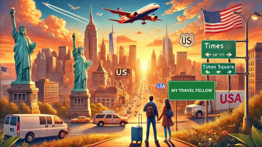 Scenic landscape of an American city skyline at sunset with the Statue of Liberty, Times Square, a busy airport, and a traveler with a suitcase looking at the city.