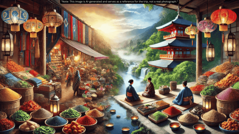 "A vibrant Moroccan market filled with colors and energy transitions into the serene tranquility of a Japanese temple, showcasing the beauty and diversity of global cultures."
