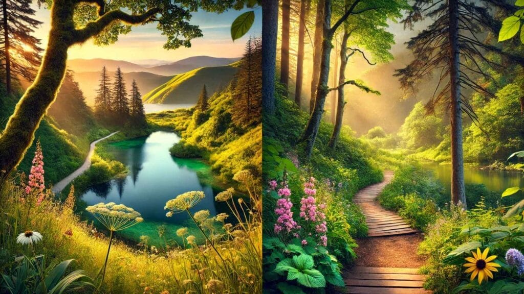 A serene and picturesque landscape showcasing hidden travel spots in the USA, featuring a tranquil lake surrounded by vibrant greenery and distant mountains under a clear blue sky