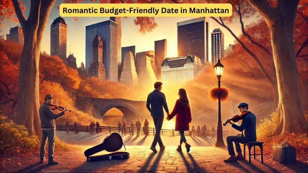 A couple walking hand-in-hand through Central Park during sunset, surrounded by autumn trees, with the Manhattan skyline in the background. A street musician plays the violin, creating a warm and dreamy atmosphere.
