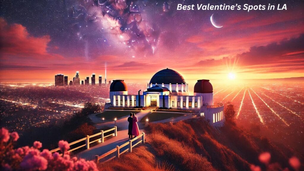 A couple embraces at Griffith Observatory during sunset, overlooking the twinkling Los Angeles skyline.